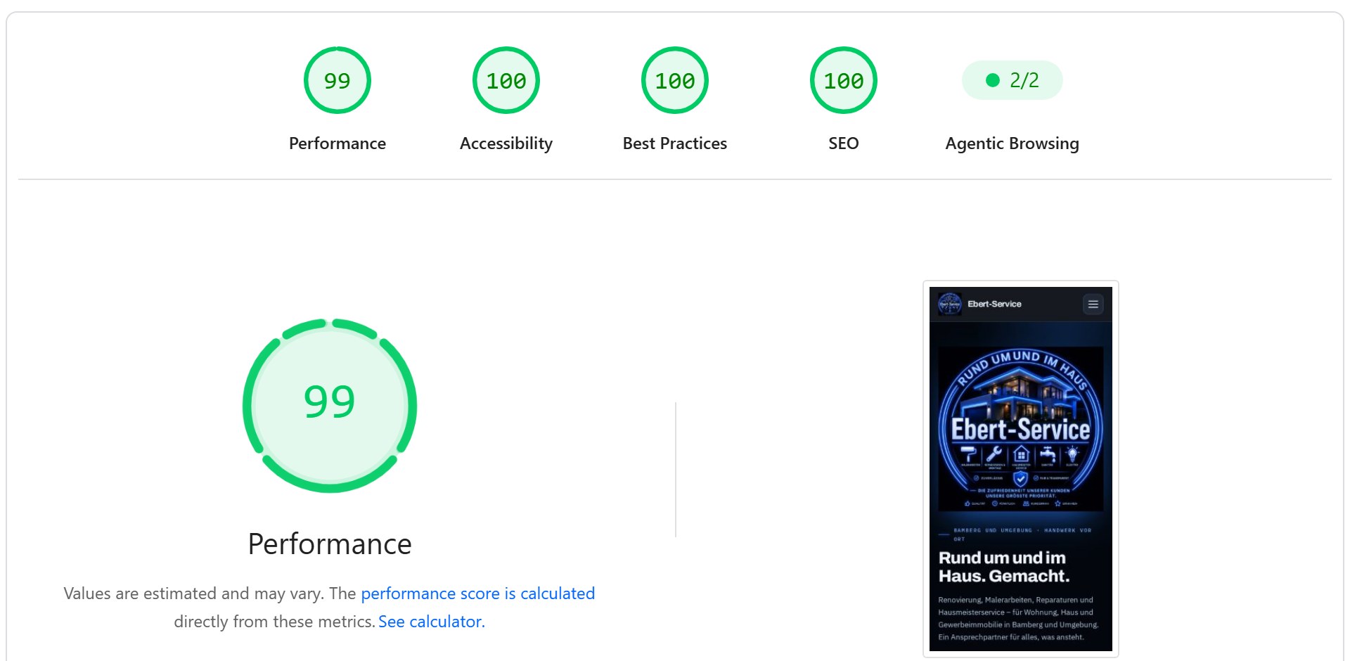PageSpeed-Ergebnis ebert-service-bamberg.de: Leistung, Barrierefreiheit, Best Practices und SEO