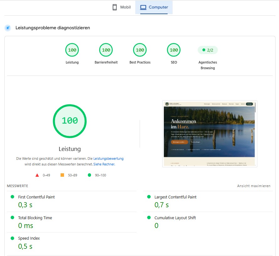 PageSpeed-Ergebnis fewo-lerbachtal.de: 100 Leistung, 100 Barrierefreiheit, 100 Best Practices, 100 SEO